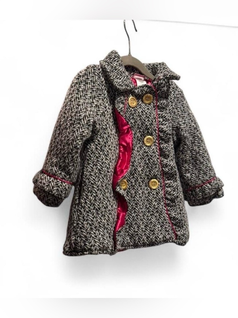 Girls' Herringbone Double-Breasted Peacoat with Pink Trim - Picture 2 of 6